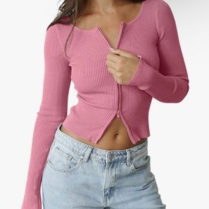 Pink Ribbed Zip-Up Long Sleeve